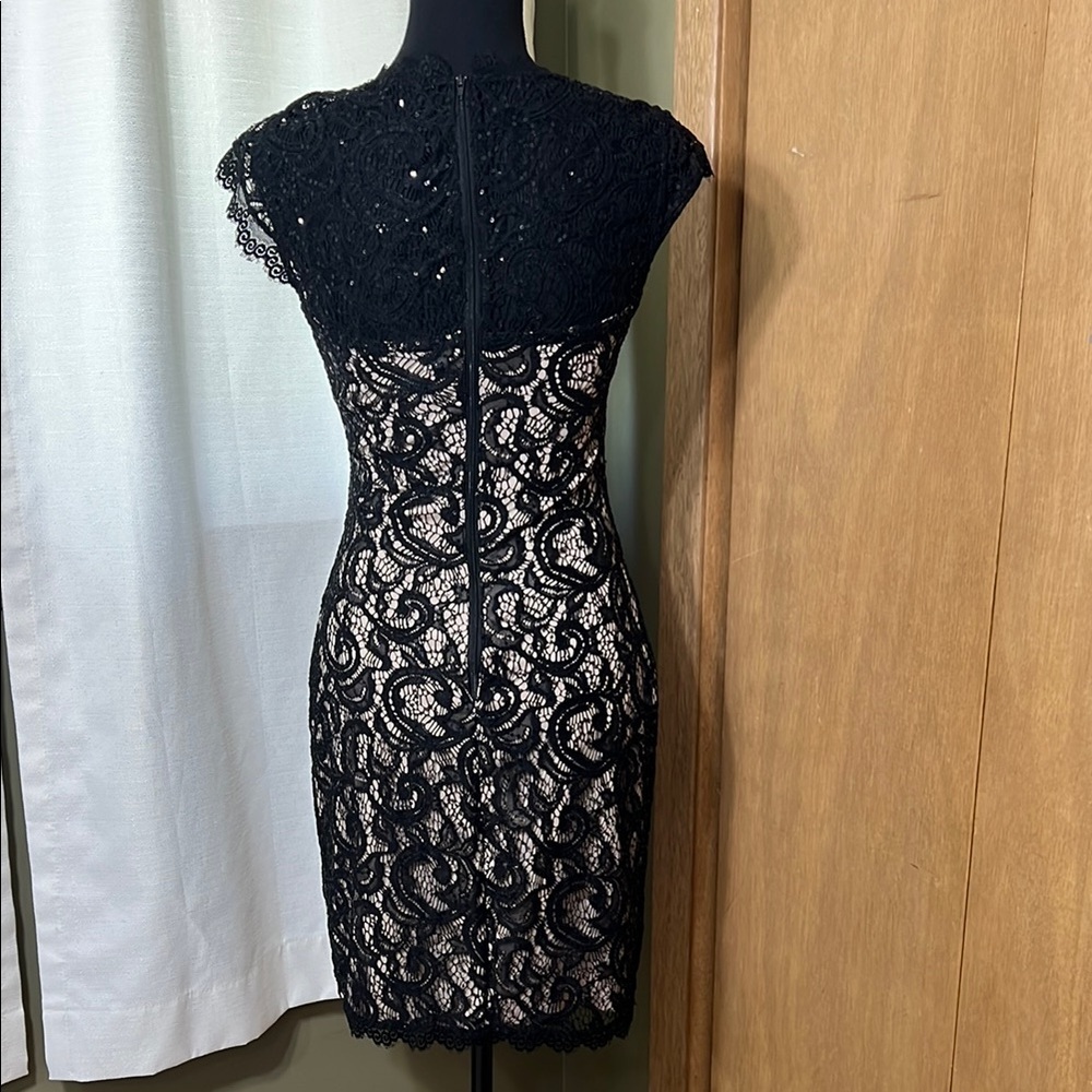 High-Neck, Cap Sleeve Lace and Sequins - Black and Tan Dress - Picture 4 of 5